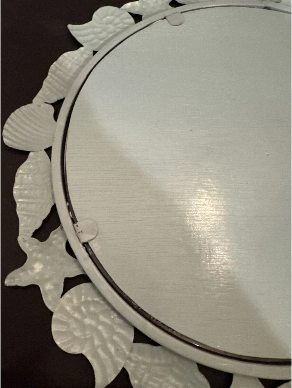 Vintage Round Seashell Metal Mirror /Tray 14.5” Coastal Beach House Nautical